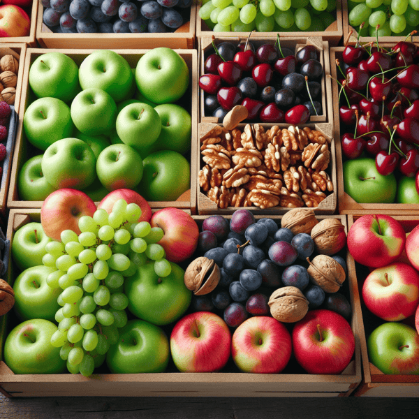 fruta chilena, manzana verde, uvas, cerezas, nueces, en cajas para exportar