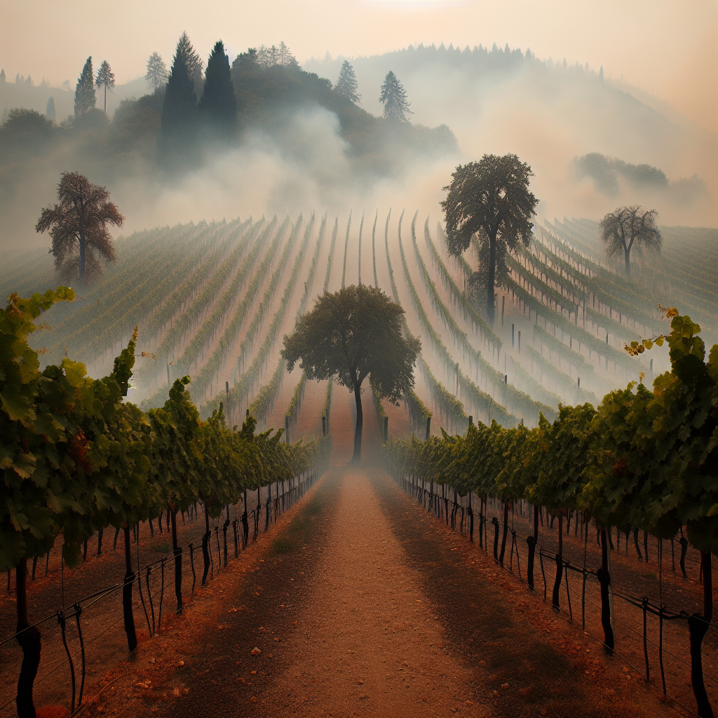 viñedo afectado por humo de incendio forestal